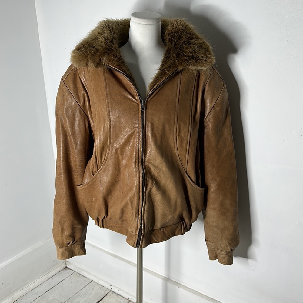 Vintage Leather Jacket with Beaver Fur Collar